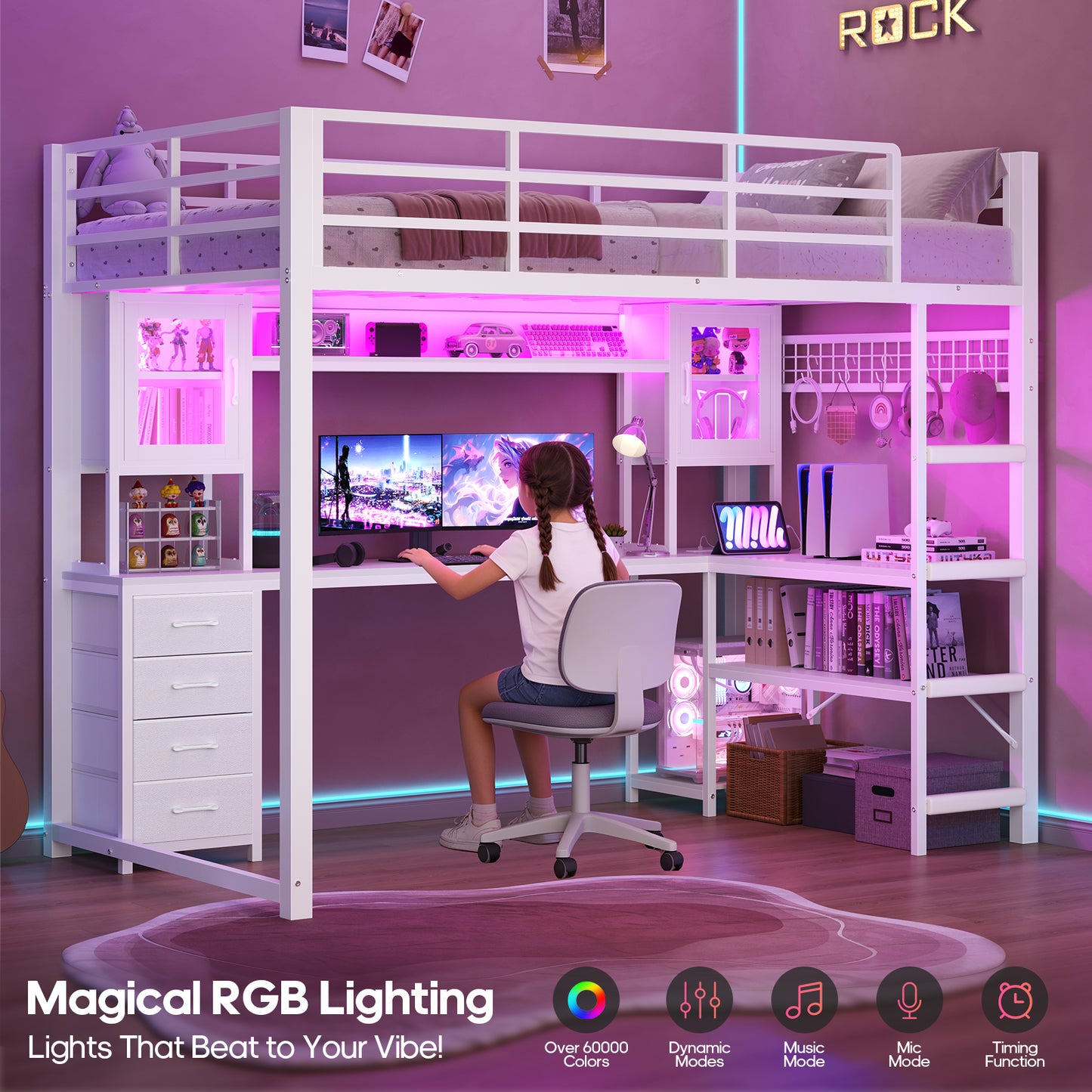 ADORNEVE Gaming Loft Bed Twin Size with Desk and Hutch Storage Drawers Metal Loft Bed with Power Outlet and RGB Lights Guardrail Ladder