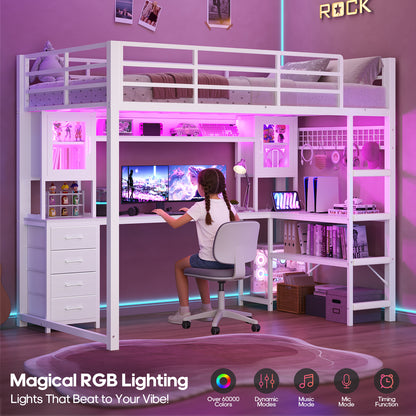 ADORNEVE Gaming Loft Bed Twin Size with Desk and Hutch Storage Drawers Metal Loft Bed with Power Outlet and RGB Lights Guardrail Ladder