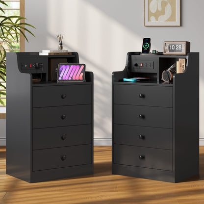 ADORNEVE Nightstand with Charging Station and Power Outlets Bedroom Bedside Table with 4 Storage Drawers and Hutch
