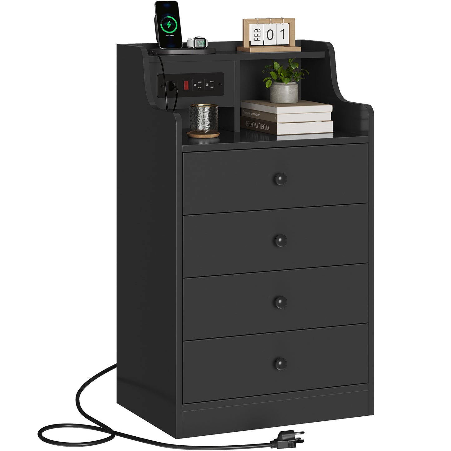 ADORNEVE Nightstand with Charging Station and Power Outlets Bedroom Bedside Table with 4 Storage Drawers and Hutch
