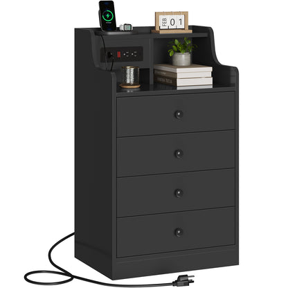 ADORNEVE Nightstand with Charging Station and Power Outlets Bedroom Bedside Table with 4 Storage Drawers and Hutch