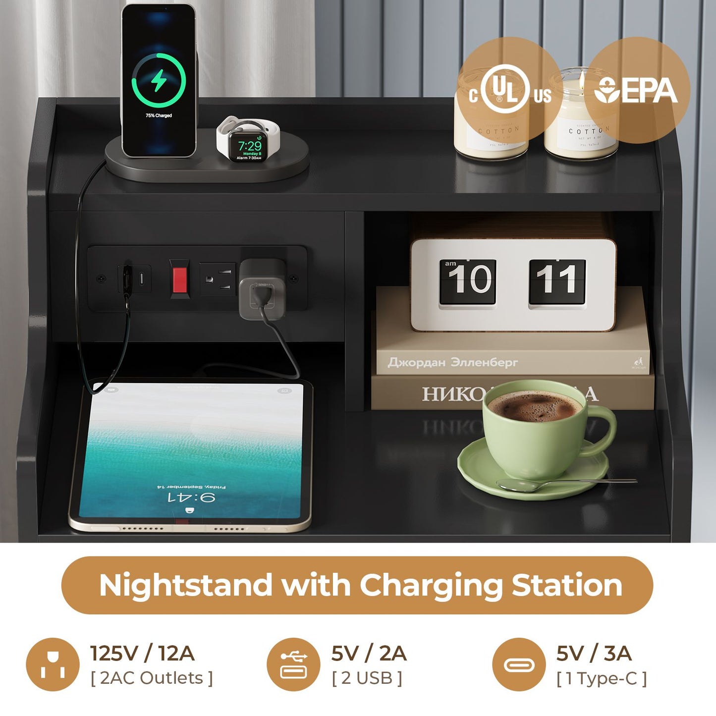 ADORNEVE Nightstand with Charging Station and Power Outlets Bedroom Bedside Table with 4 Storage Drawers and Hutch