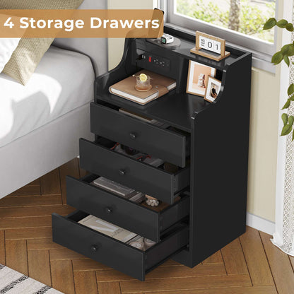 ADORNEVE Nightstand with Charging Station and Power Outlets Bedroom Bedside Table with 4 Storage Drawers and Hutch