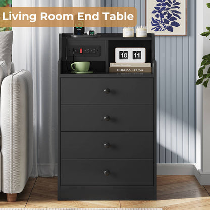 ADORNEVE Nightstand with Charging Station and Power Outlets Bedroom Bedside Table with 4 Storage Drawers and Hutch