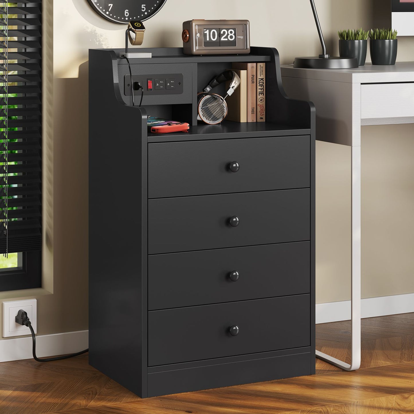 ADORNEVE Nightstand with Charging Station and Power Outlets Bedroom Bedside Table with 4 Storage Drawers and Hutch