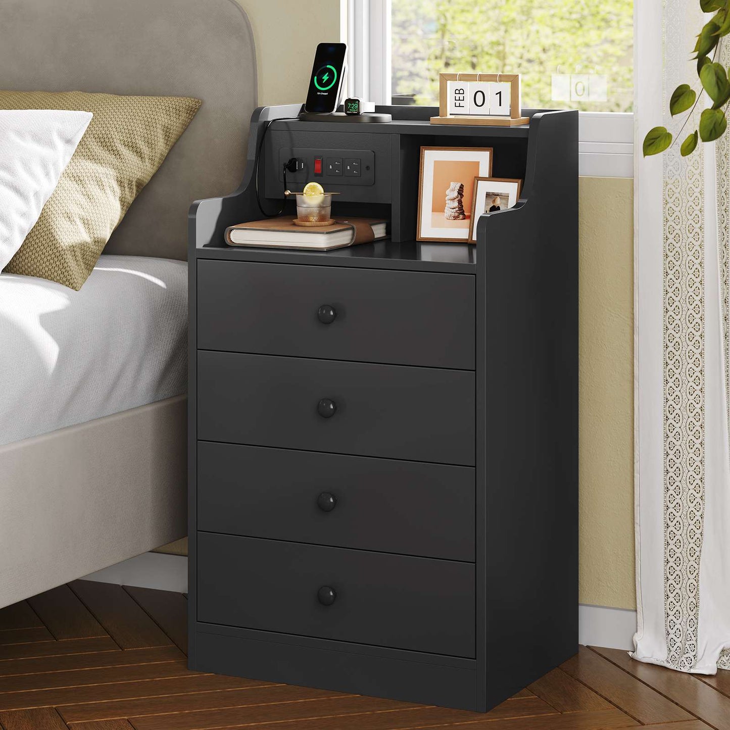 ADORNEVE Nightstand with Charging Station and Power Outlets Bedroom Bedside Table with 4 Storage Drawers and Hutch