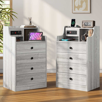 ADORNEVE Nightstand with Charging Station and Power Outlets Bedroom Bedside Table with 4 Storage Drawers and Hutch