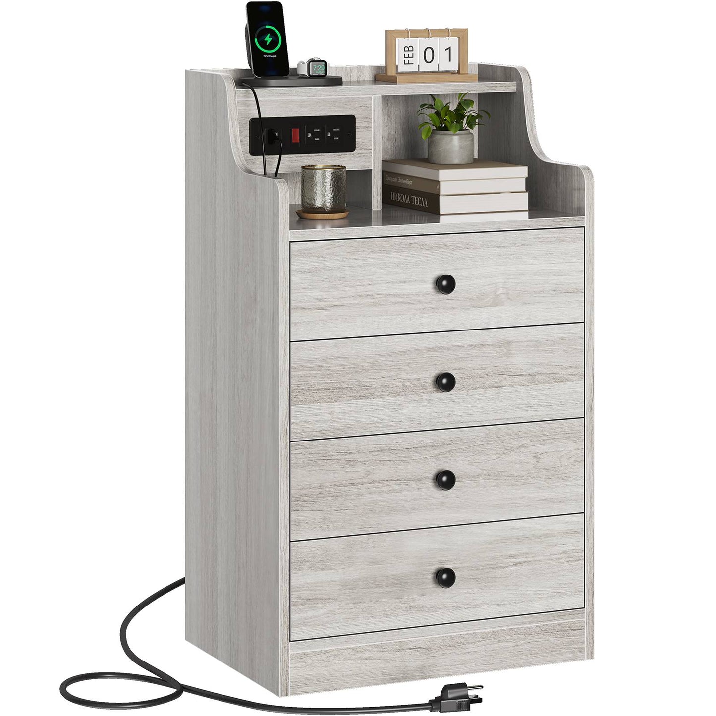 ADORNEVE Nightstand with Charging Station and Power Outlets Bedroom Bedside Table with 4 Storage Drawers and Hutch