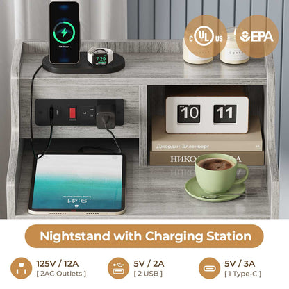 ADORNEVE Nightstand with Charging Station and Power Outlets Bedroom Bedside Table with 4 Storage Drawers and Hutch