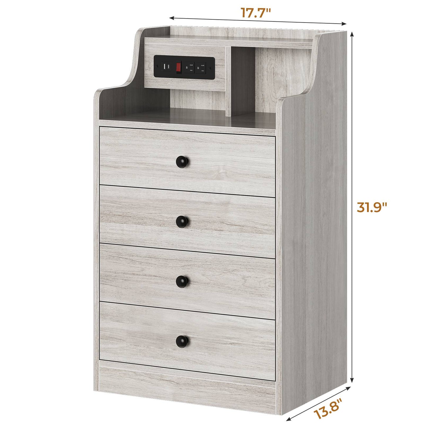 ADORNEVE Nightstand with Charging Station and Power Outlets Bedroom Bedside Table with 4 Storage Drawers and Hutch