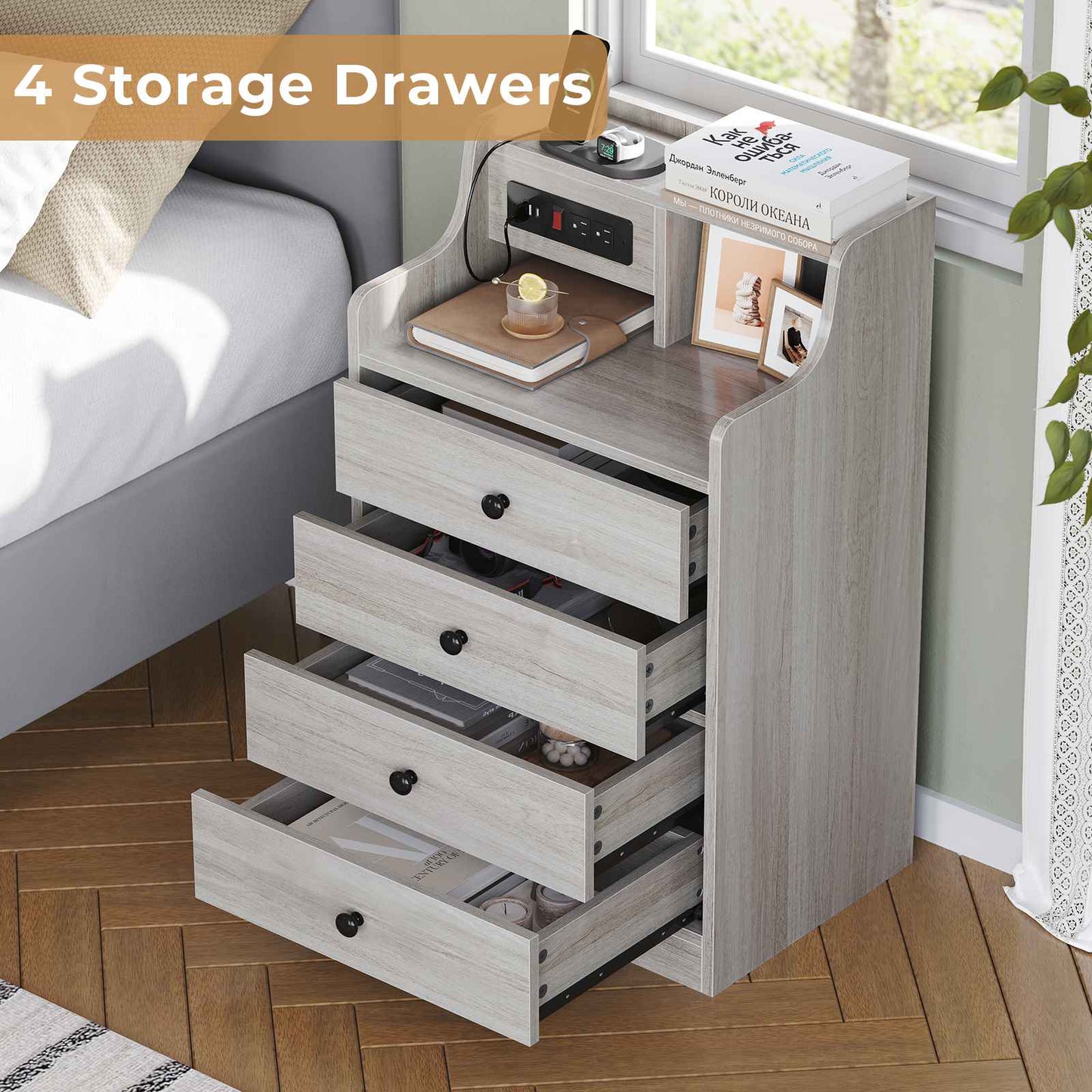 ADORNEVE Nightstand with Charging Station and Power Outlets Bedroom Bedside Table with 4 Storage Drawers and Hutch