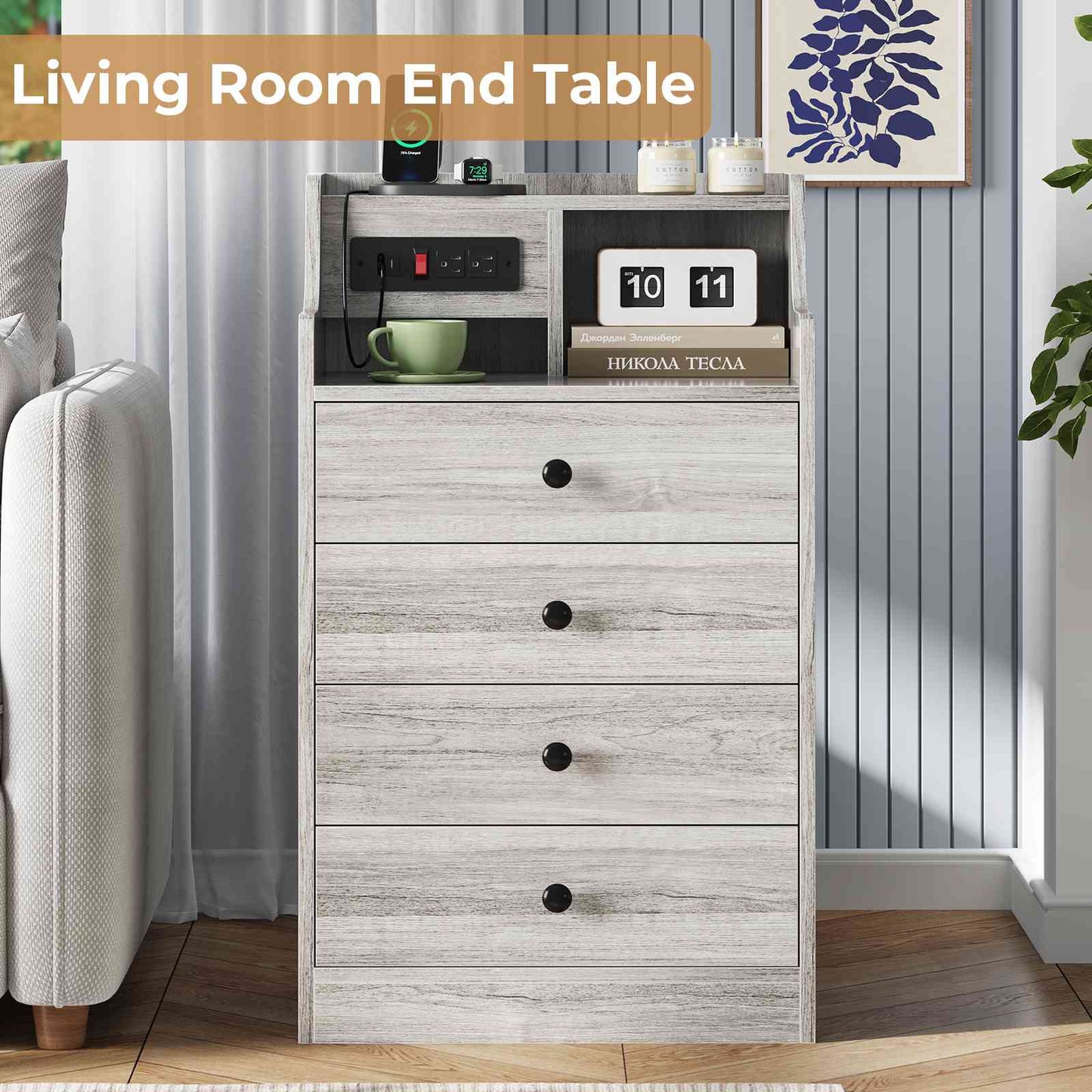 ADORNEVE Nightstand with Charging Station and Power Outlets Bedroom Bedside Table with 4 Storage Drawers and Hutch