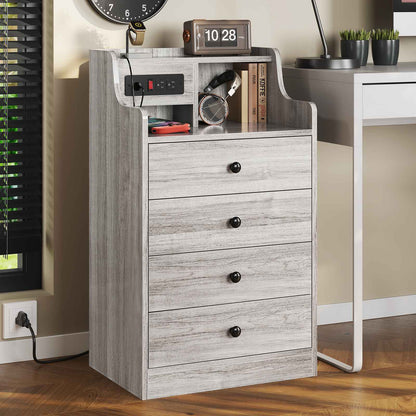 ADORNEVE Nightstand with Charging Station and Power Outlets Bedroom Bedside Table with 4 Storage Drawers and Hutch