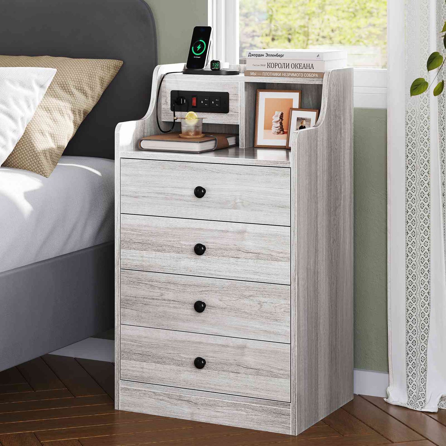 ADORNEVE Nightstand with Charging Station and Power Outlets Bedroom Bedside Table with 4 Storage Drawers and Hutch