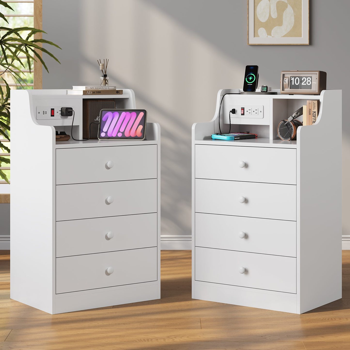 ADORNEVE Nightstand with Charging Station and Power Outlets Bedroom Bedside Table with 4 Storage Drawers and Hutch