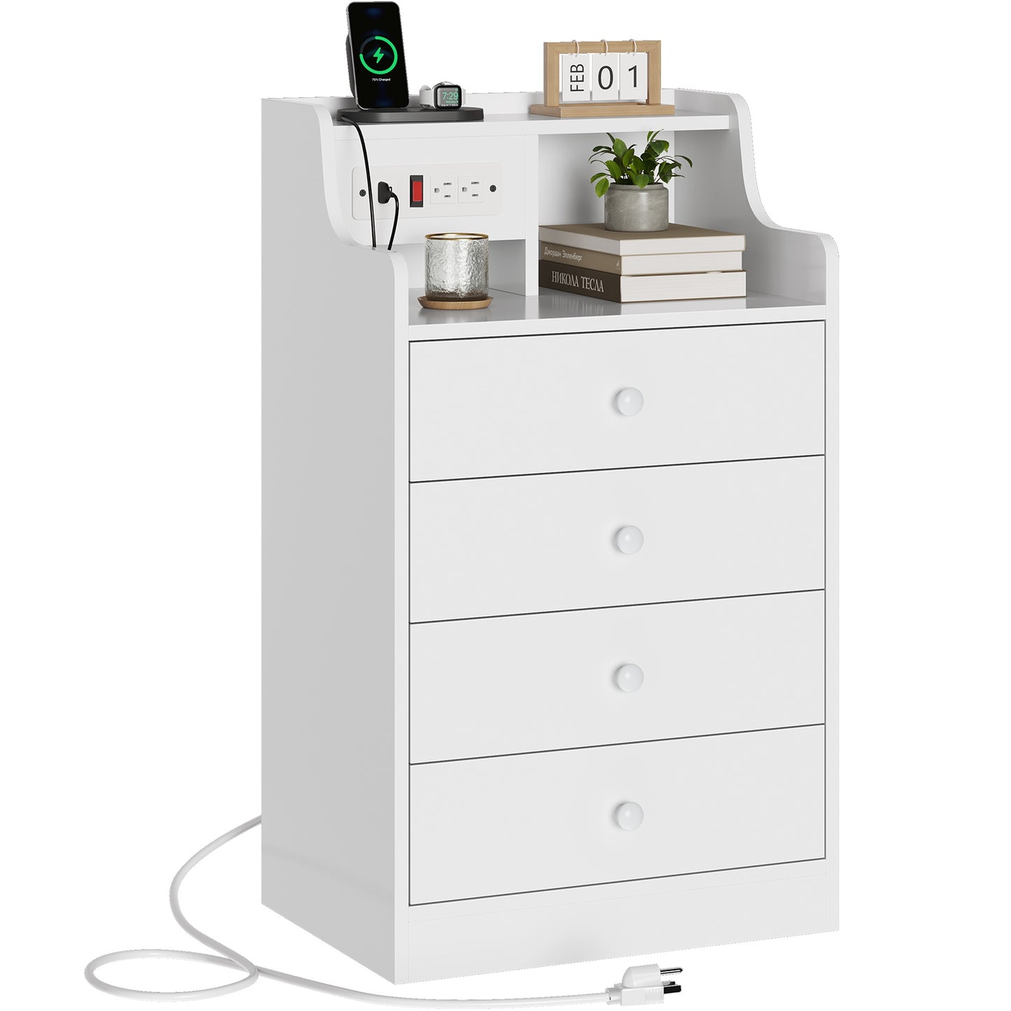 ADORNEVE Nightstand with Charging Station and Power Outlets Bedroom Bedside Table with 4 Storage Drawers and Hutch