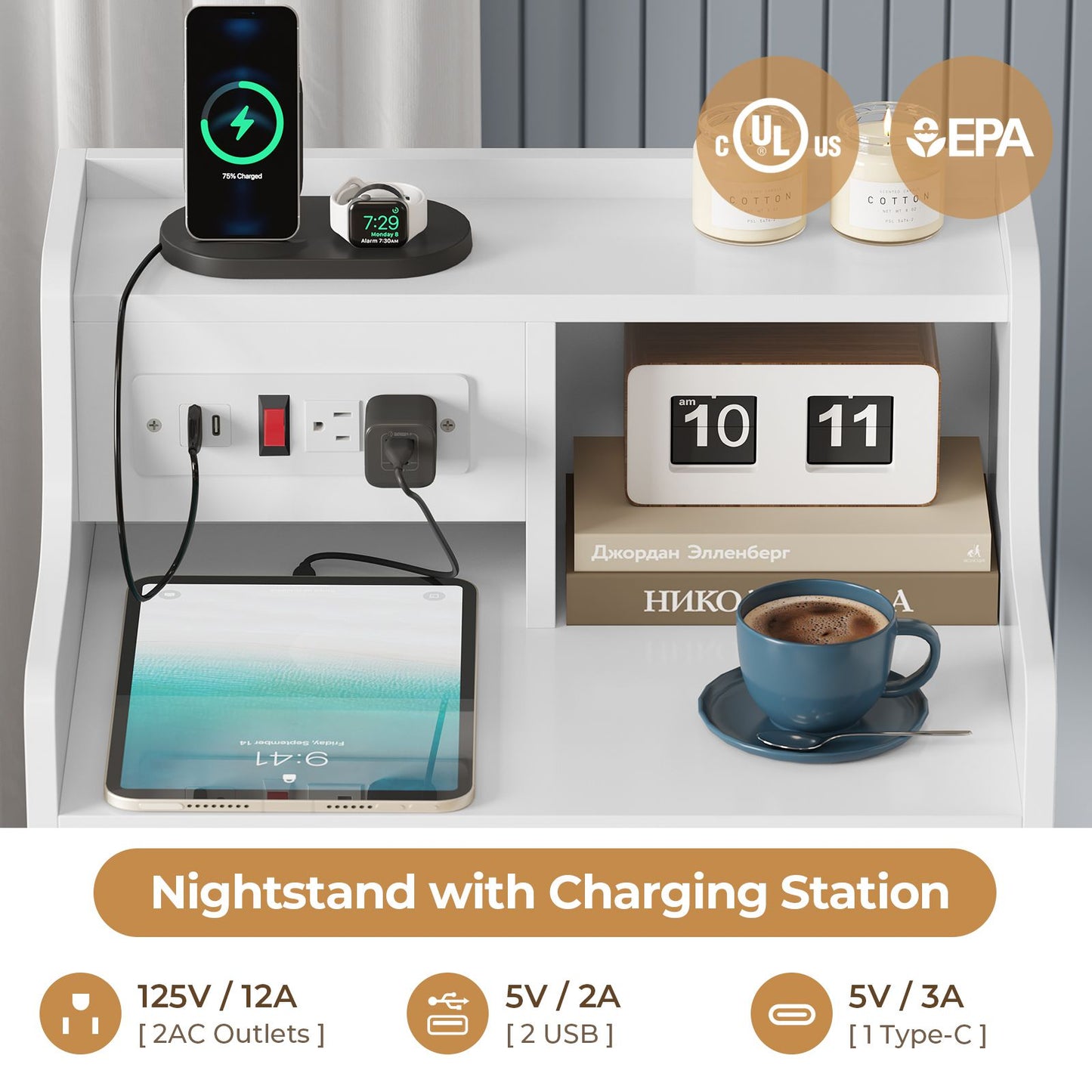 ADORNEVE Nightstand with Charging Station and Power Outlets Bedroom Bedside Table with 4 Storage Drawers and Hutch