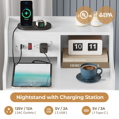 ADORNEVE Nightstand with Charging Station and Power Outlets Bedroom Bedside Table with 4 Storage Drawers and Hutch