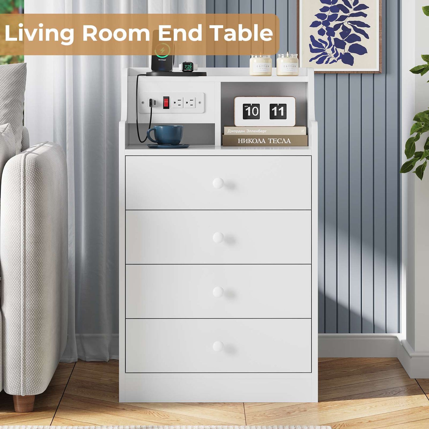 ADORNEVE Nightstand with Charging Station and Power Outlets Bedroom Bedside Table with 4 Storage Drawers and Hutch