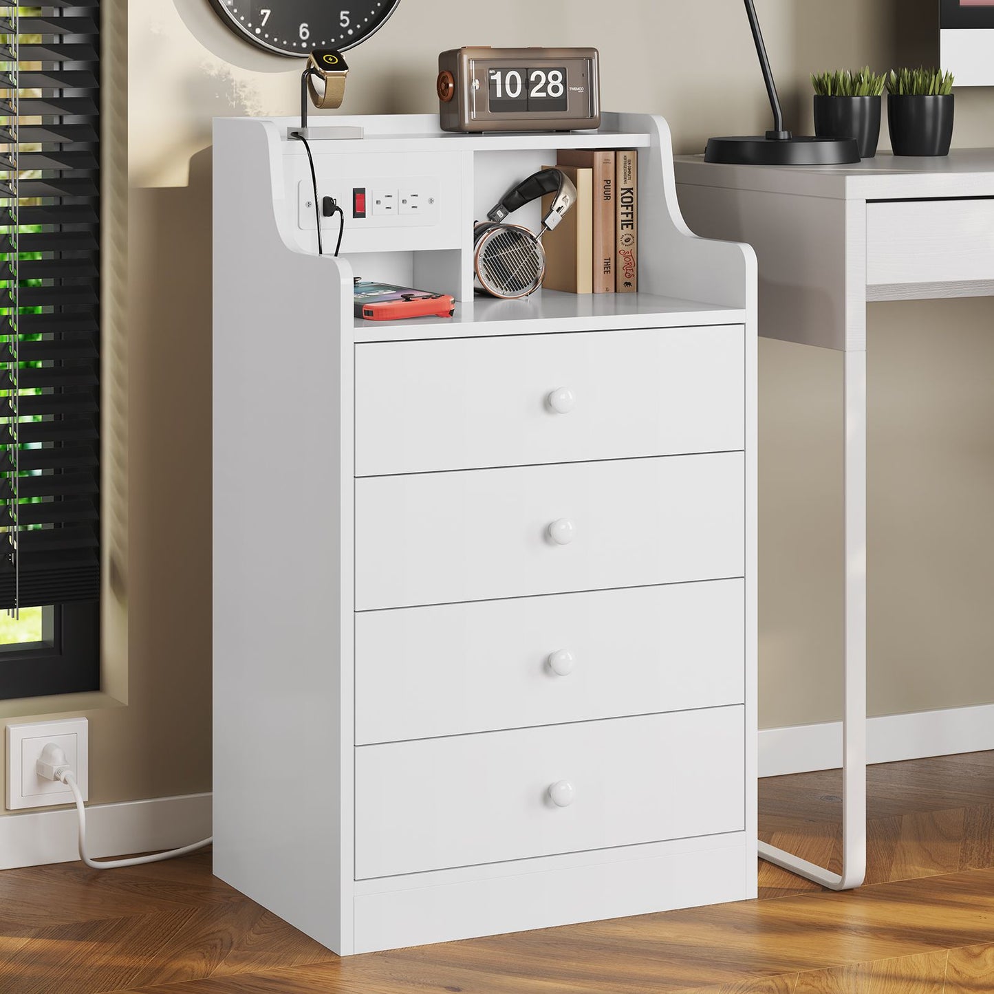 ADORNEVE Nightstand with Charging Station and Power Outlets Bedroom Bedside Table with 4 Storage Drawers and Hutch