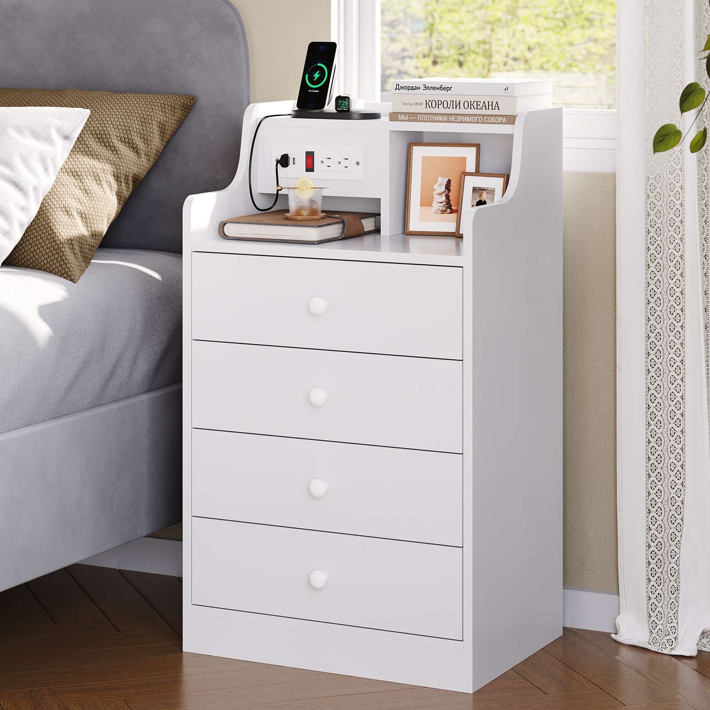 ADORNEVE Nightstand with Charging Station and Power Outlets Bedroom Bedside Table with 4 Storage Drawers and Hutch