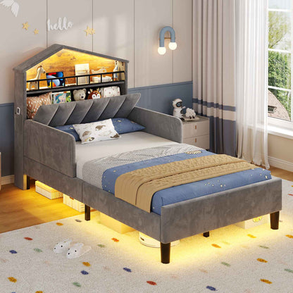 ADORNEVE Bed Frame Twin Size with Charging Station and Hidden Storage LED Girls Velvet Upholstered Platform Bed with Safety Guardrail