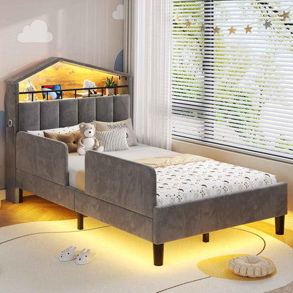 ADORNEVE Bed Frame Twin Size with Charging Station and Hidden Storage LED Girls Velvet Upholstered Platform Bed with Safety Guardrail