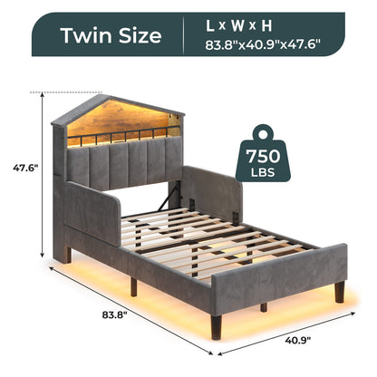 ADORNEVE Bed Frame Twin Size with Charging Station and Hidden Storage LED Girls Velvet Upholstered Platform Bed with Safety Guardrail
