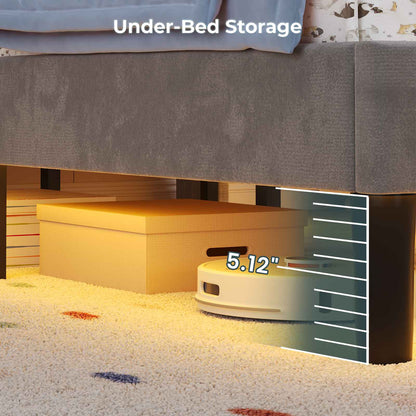 ADORNEVE Bed Frame Twin Size with Charging Station and Hidden Storage LED Girls Velvet Upholstered Platform Bed with Safety Guardrail