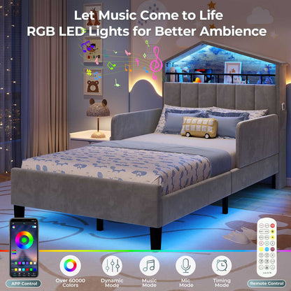 ADORNEVE Bed Frame Twin Size with Charging Station and Hidden Storage LED Girls Velvet Upholstered Platform Bed with Safety Guardrail