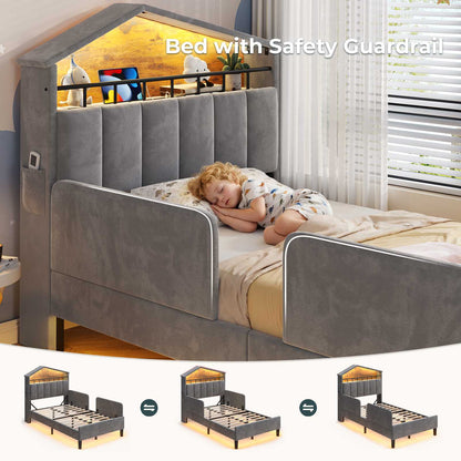 ADORNEVE Bed Frame Twin Size with Charging Station and Hidden Storage LED Girls Velvet Upholstered Platform Bed with Safety Guardrail