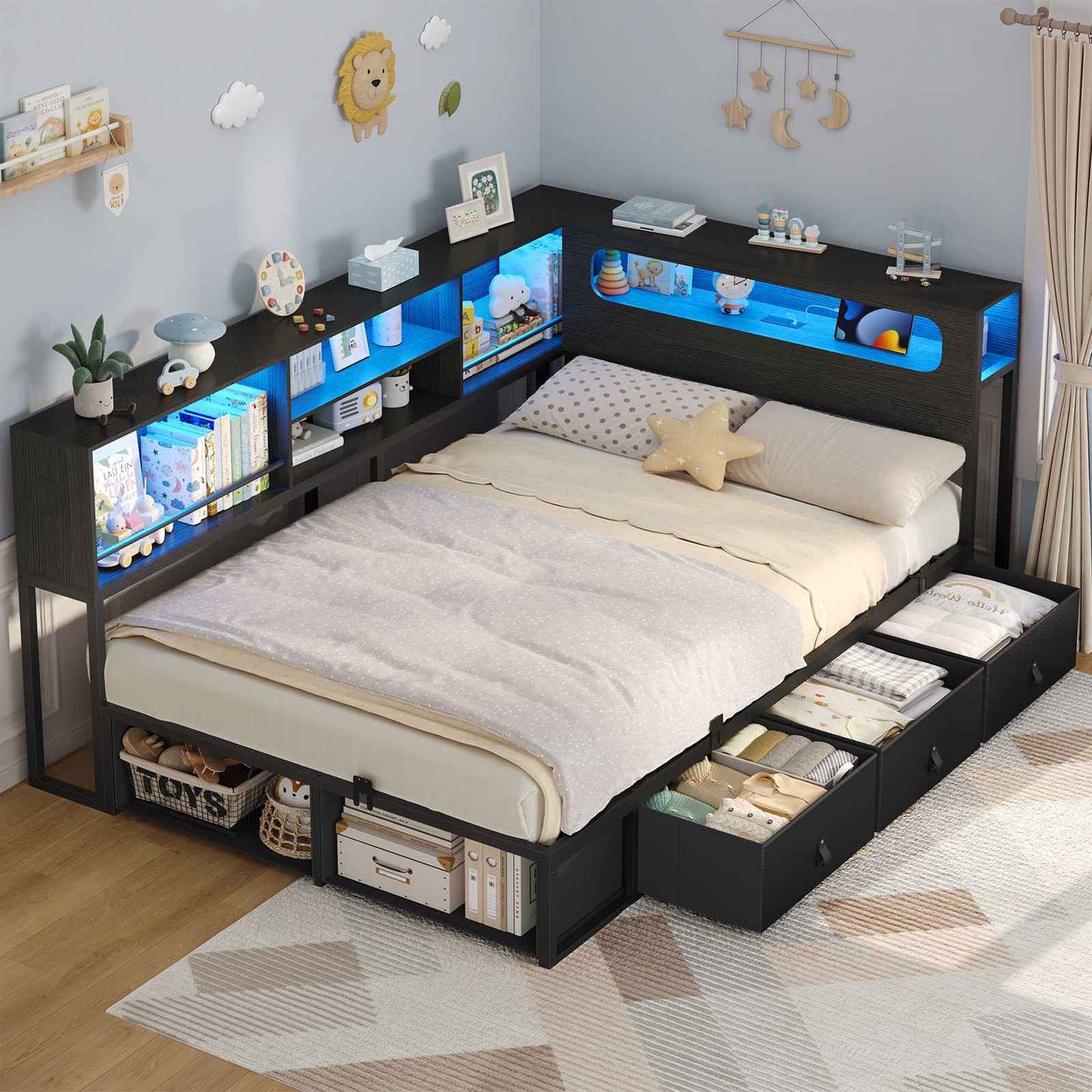 ADORNEVE Corner Bed Frame with 3 Drawers and 2 Open Cubbies Metal  Daybed with LED Light Headboard and Charging Station
