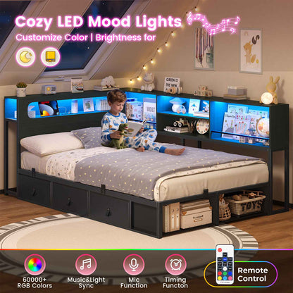 ADORNEVE Corner Bed Frame with 3 Drawers and 2 Open Cubbies Metal  Daybed with LED Light Headboard and Charging Station