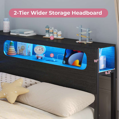 ADORNEVE Corner Bed Frame with 3 Drawers and 2 Open Cubbies Metal  Daybed with LED Light Headboard and Charging Station