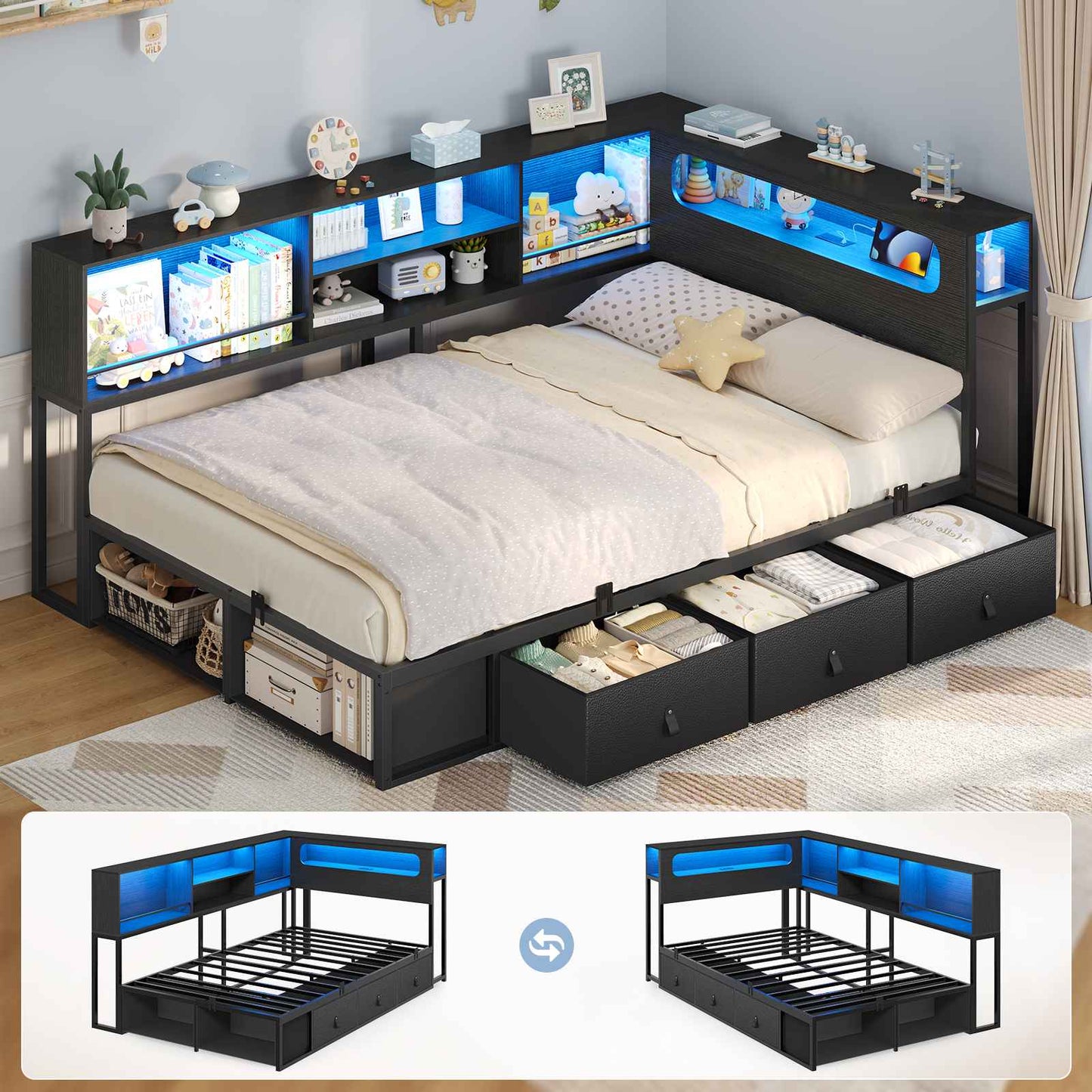 ADORNEVE Corner Bed Frame with 3 Drawers and 2 Open Cubbies Metal  Daybed with LED Light Headboard and Charging Station