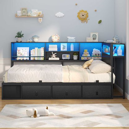 ADORNEVE Corner Bed Frame with 3 Drawers and 2 Open Cubbies Metal  Daybed with LED Light Headboard and Charging Station