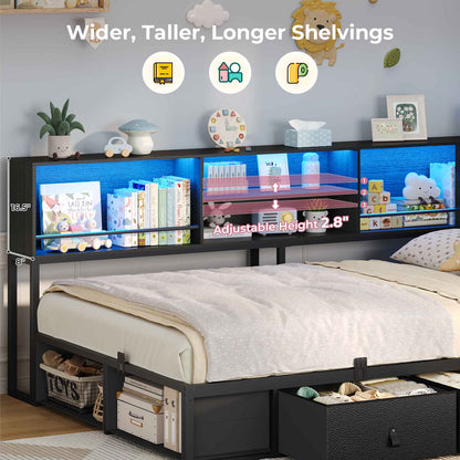 ADORNEVE Corner Bed Frame with 3 Drawers and 2 Open Cubbies Metal  Daybed with LED Light Headboard and Charging Station