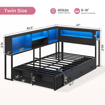 ADORNEVE Corner Bed Frame with 3 Drawers and 2 Open Cubbies Metal  Daybed with LED Light Headboard and Charging Station
