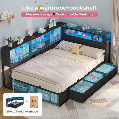 ADORNEVE Corner Bed Frame with 3 Drawers and 2 Open Cubbies Metal  Daybed with LED Light Headboard and Charging Station