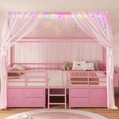 ADORNEVE Bed Frame Twin Size with 6 Drawers and Globe String Lights Plug in Metal Kids Bed with Safety Guardrail and Inclined Ladder