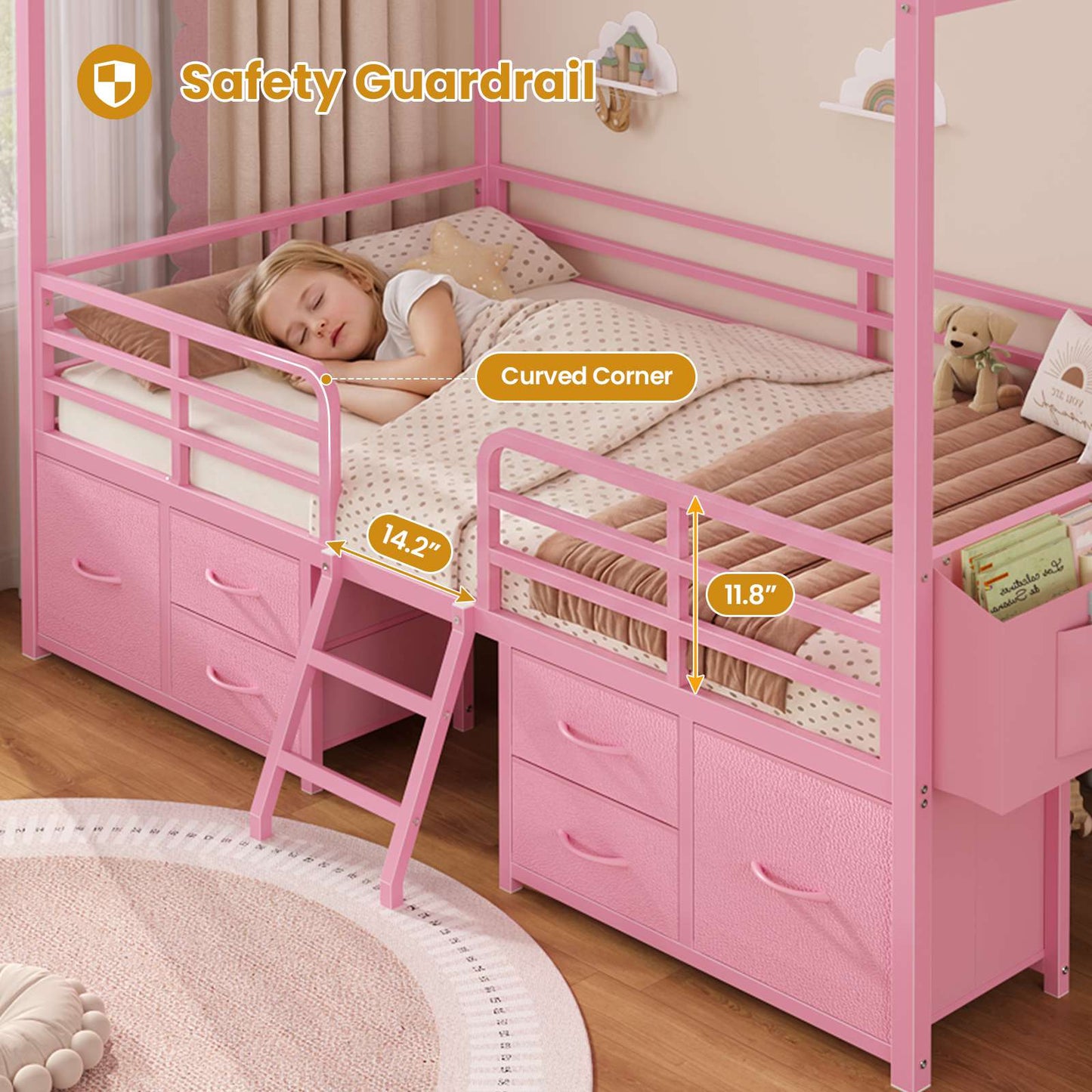 ADORNEVE Bed Frame Twin Size with 6 Drawers and Globe String Lights Plug in Metal Kids Bed with Safety Guardrail and Inclined Ladder