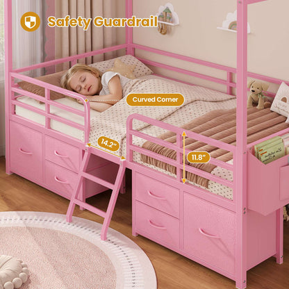 ADORNEVE Bed Frame Twin Size with 6 Drawers and Globe String Lights Plug in Metal Kids Bed with Safety Guardrail and Inclined Ladder