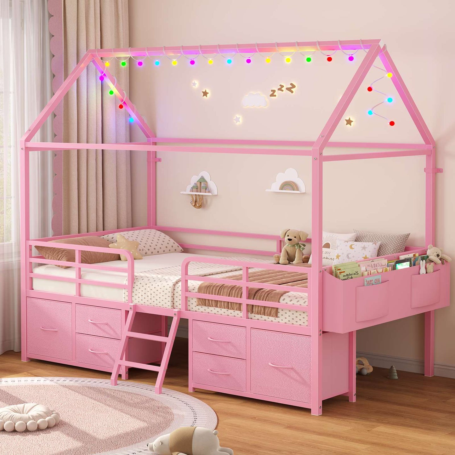 ADORNEVE Bed Frame Twin Size with 6 Drawers and Globe String Lights Plug in Metal Kids Bed with Safety Guardrail and Inclined Ladder
