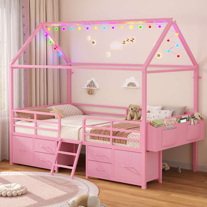 ADORNEVE Bed Frame Twin Size with 6 Drawers and Globe String Lights Plug in Metal Kids Bed with Safety Guardrail and Inclined Ladder