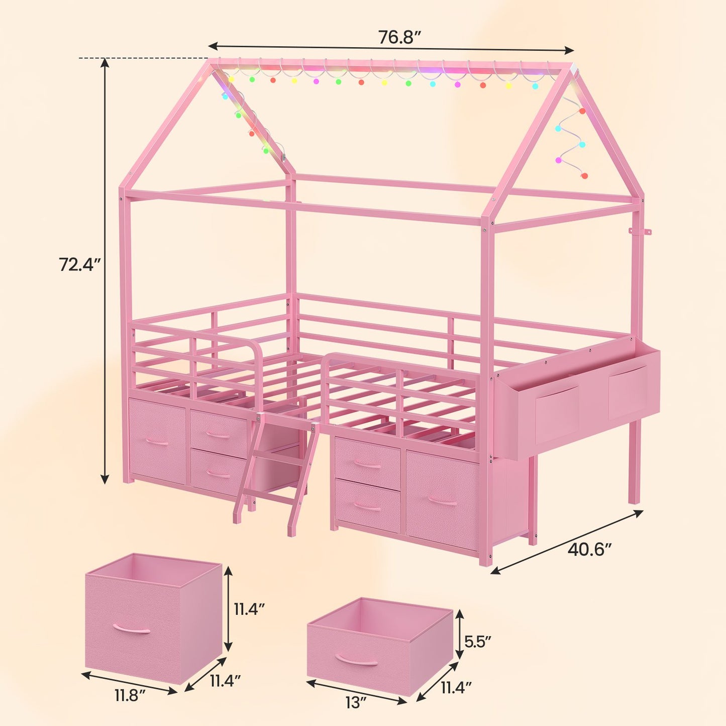 ADORNEVE Bed Frame Twin Size with 6 Drawers and Globe String Lights Plug in Metal Kids Bed with Safety Guardrail and Inclined Ladder