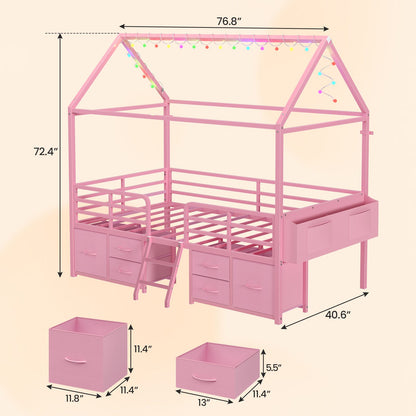 ADORNEVE Bed Frame Twin Size with 6 Drawers and Globe String Lights Plug in Metal Kids Bed with Safety Guardrail and Inclined Ladder