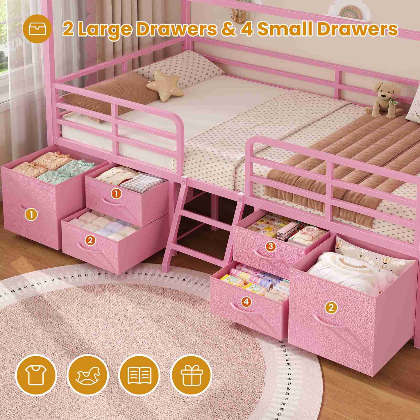 ADORNEVE Bed Frame Twin Size with 6 Drawers and Globe String Lights Plug in Metal Kids Bed with Safety Guardrail and Inclined Ladder