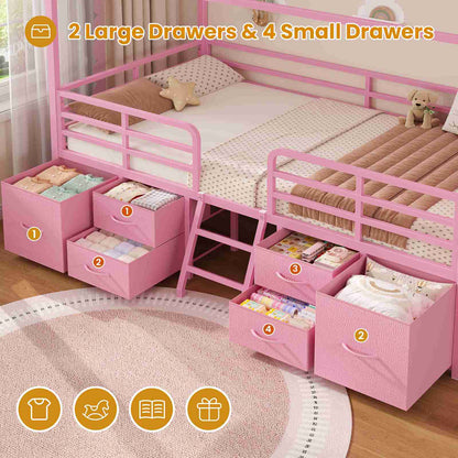 ADORNEVE Bed Frame Twin Size with 6 Drawers and Globe String Lights Plug in Metal Kids Bed with Safety Guardrail and Inclined Ladder