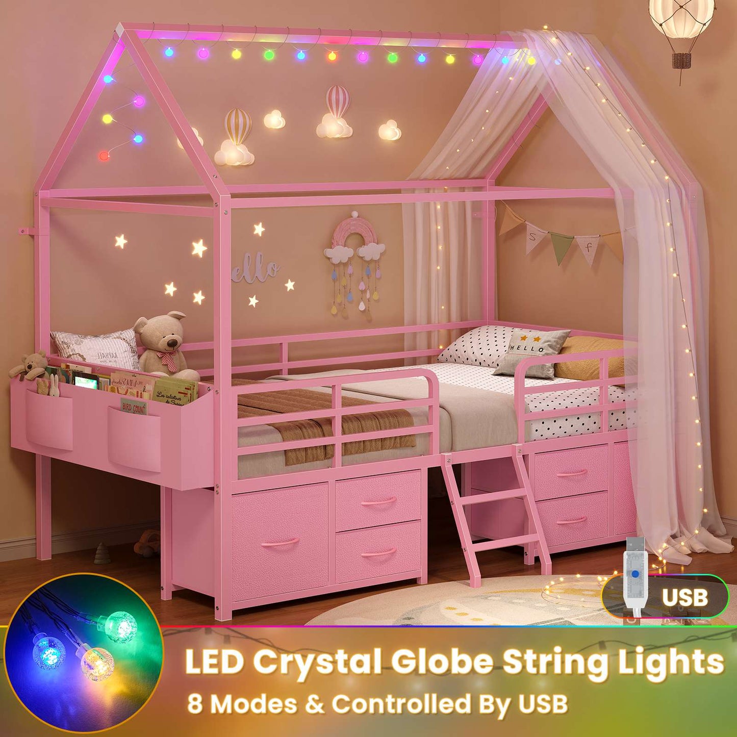 ADORNEVE Bed Frame Twin Size with 6 Drawers and Globe String Lights Plug in Metal Kids Bed with Safety Guardrail and Inclined Ladder