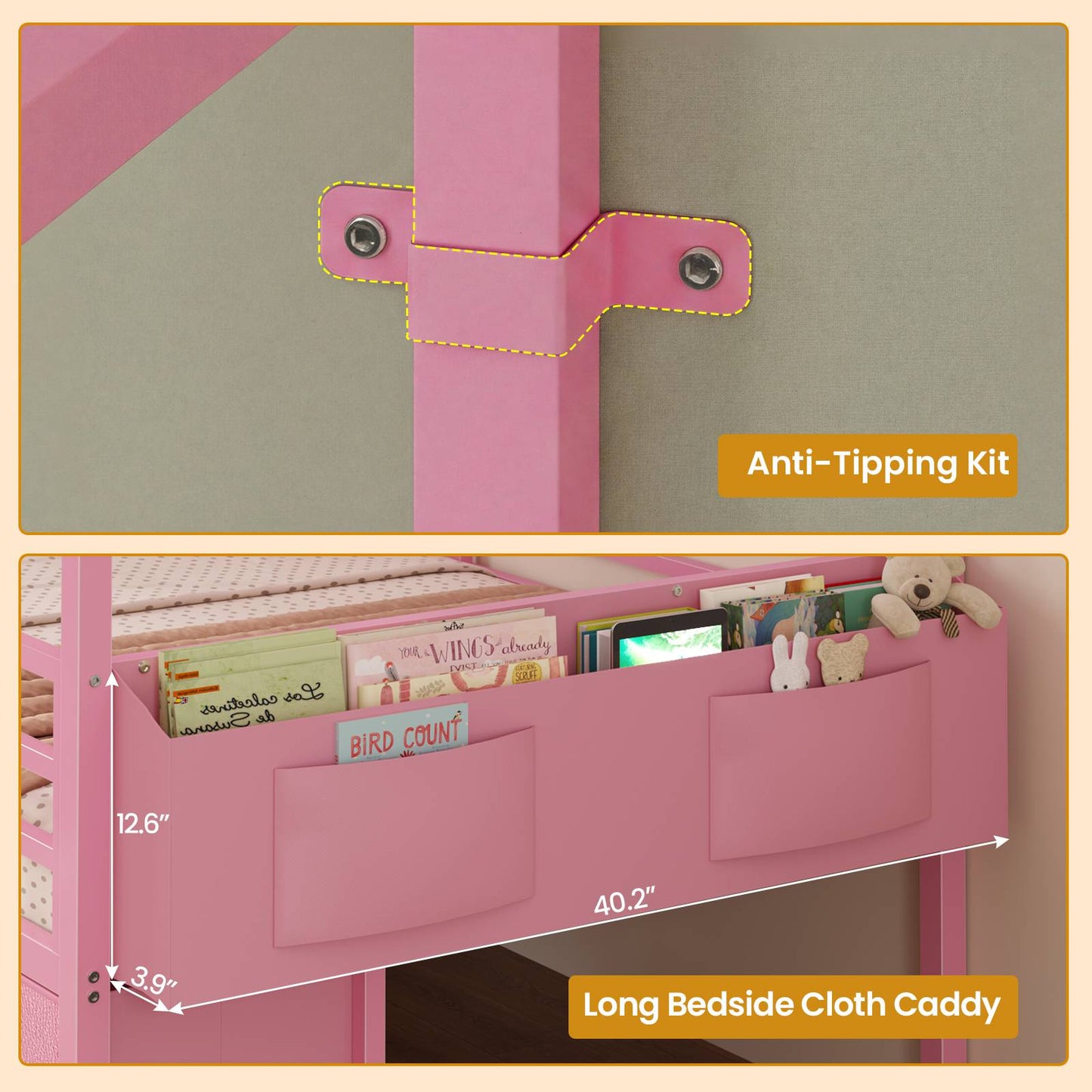 ADORNEVE Bed Frame Twin Size with 6 Drawers and Globe String Lights Plug in Metal Kids Bed with Safety Guardrail and Inclined Ladder